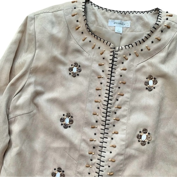 Dressbarn Embroidered Beaded Faux Suede Southwest Open Front Jacket Beige Size L - Picture 3 of 6